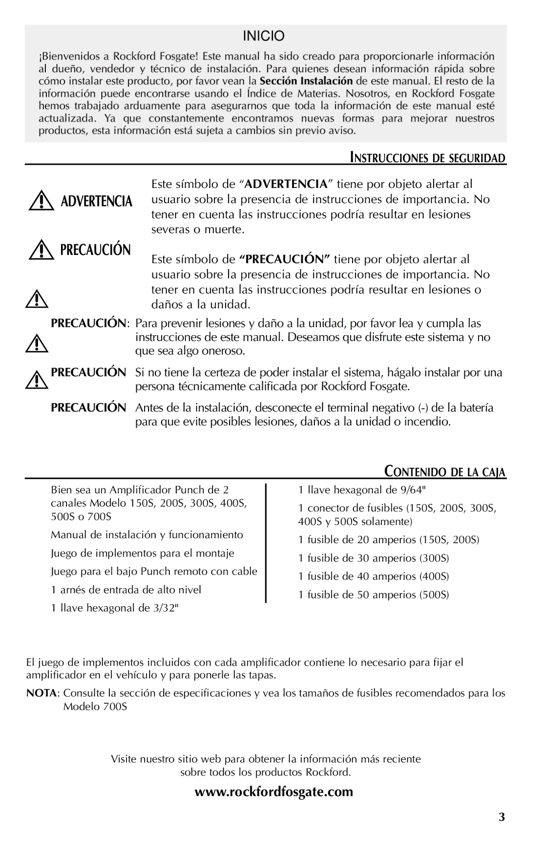 Rockford Fosgate 500S, 700S, 150S, 200S, 400S, 300S manual Instrucciones DE Seguridad, Contenido DE LA Caja 