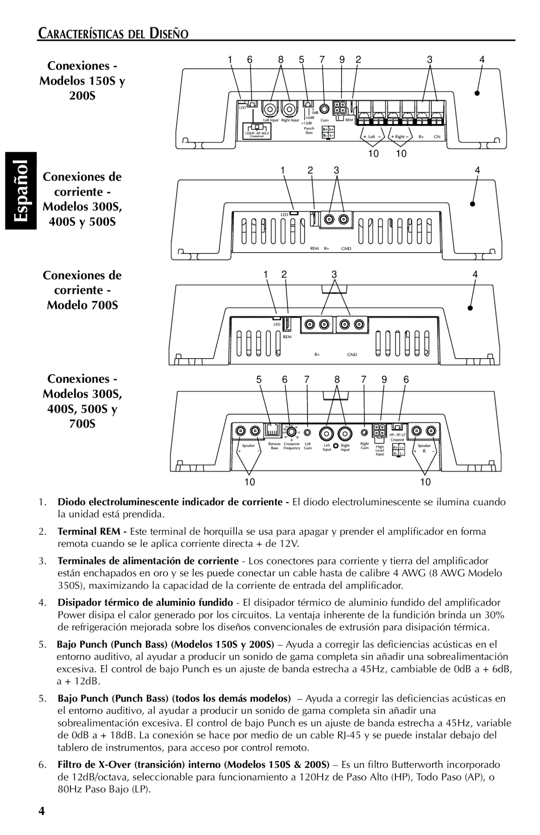 Rockford Fosgate 150S, 200S manual Características DEL Diseño, Corriente Modelos 300S 400S y 500S Conexiones de Modelo 700S 