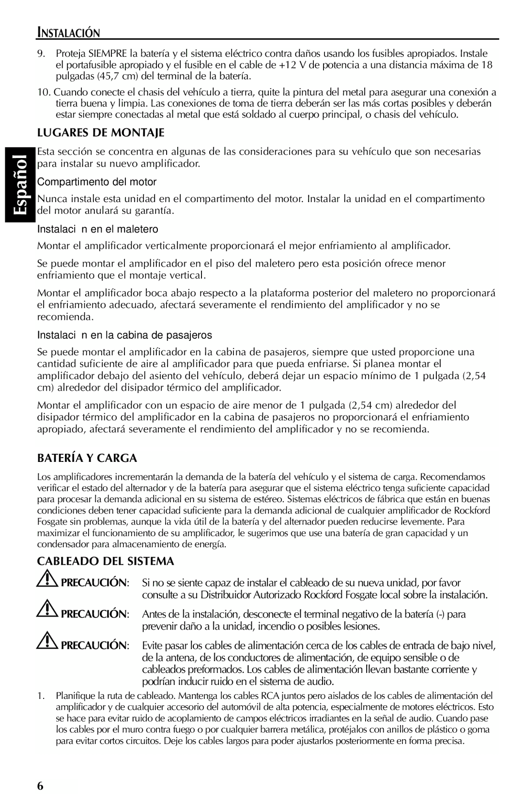 Rockford Fosgate 400S, 700S, 500S, 150S, 200S, 300S Instalación, Lugares DE Montaje, Batería Y Carga, Cableado DEL Sistema 