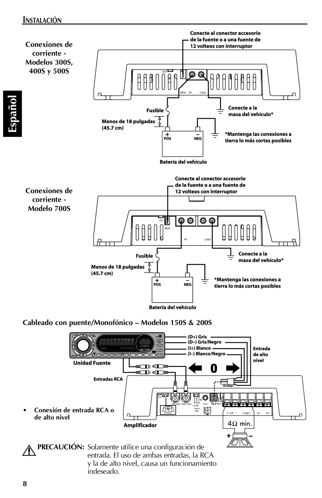 Rockford Fosgate 700S, 150S, 200S manual Conexiones de Corriente Modelos 300S 400S y 500S 