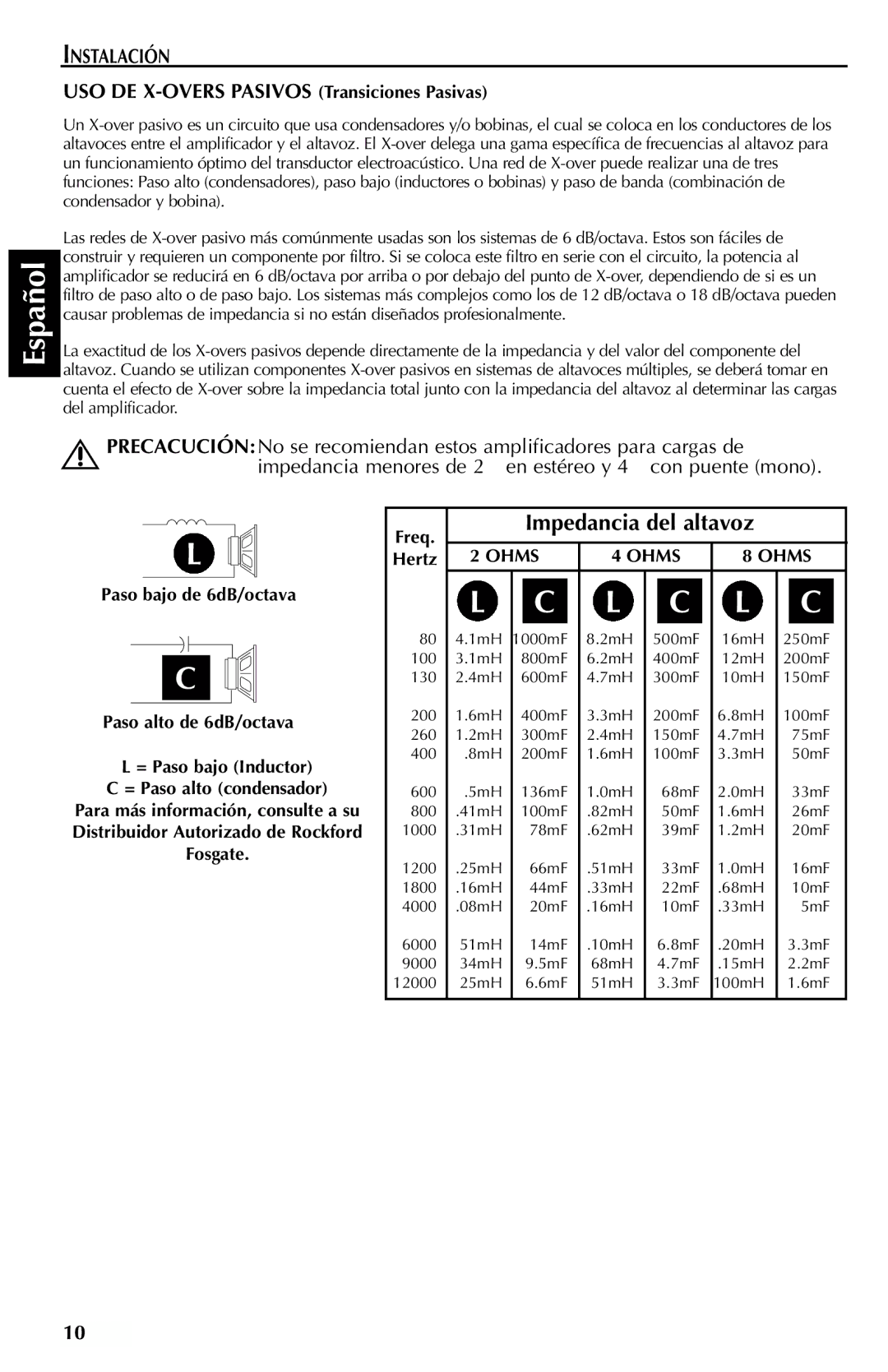 Rockford Fosgate 150S, 700S, 500S, 200S, 400S, 300S manual Impedancia del altavoz, USO DE X-OVERS Pasivos Transiciones Pasivas 