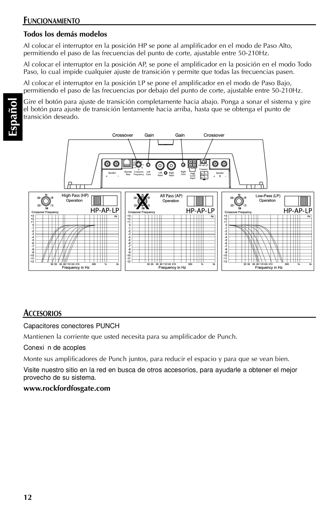 Rockford Fosgate 400S, 700S, 500S, 150S Funcionamiento, Todos los demás modelos, Accesorios, Capacitores conectores Punch 