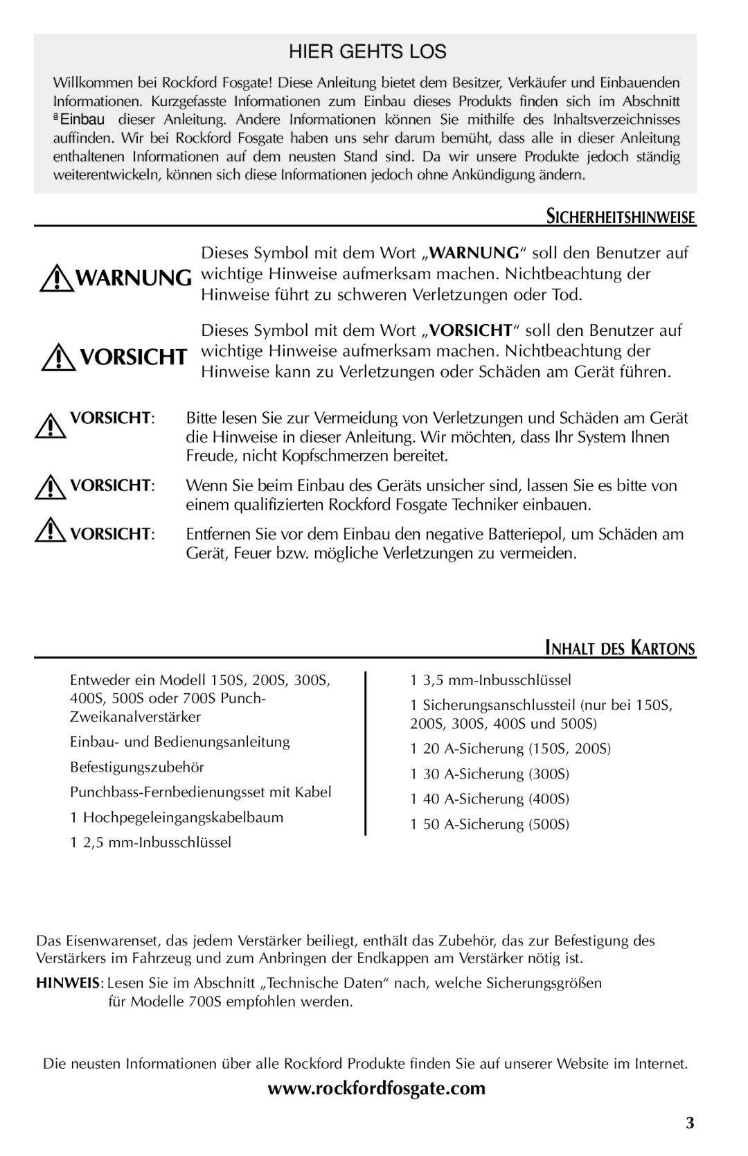 Rockford Fosgate 200S, 700S, 500S, 150S, 400S, 300S manual Sicherheitshinweise, Inhalt DES Kartons 