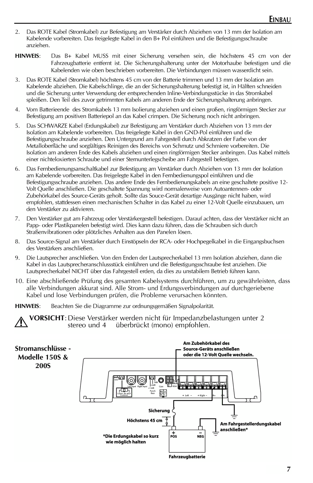 Rockford Fosgate 500S, 700S, 400S, 300S manual Stromanschlüsse Modelle 150S 200S 