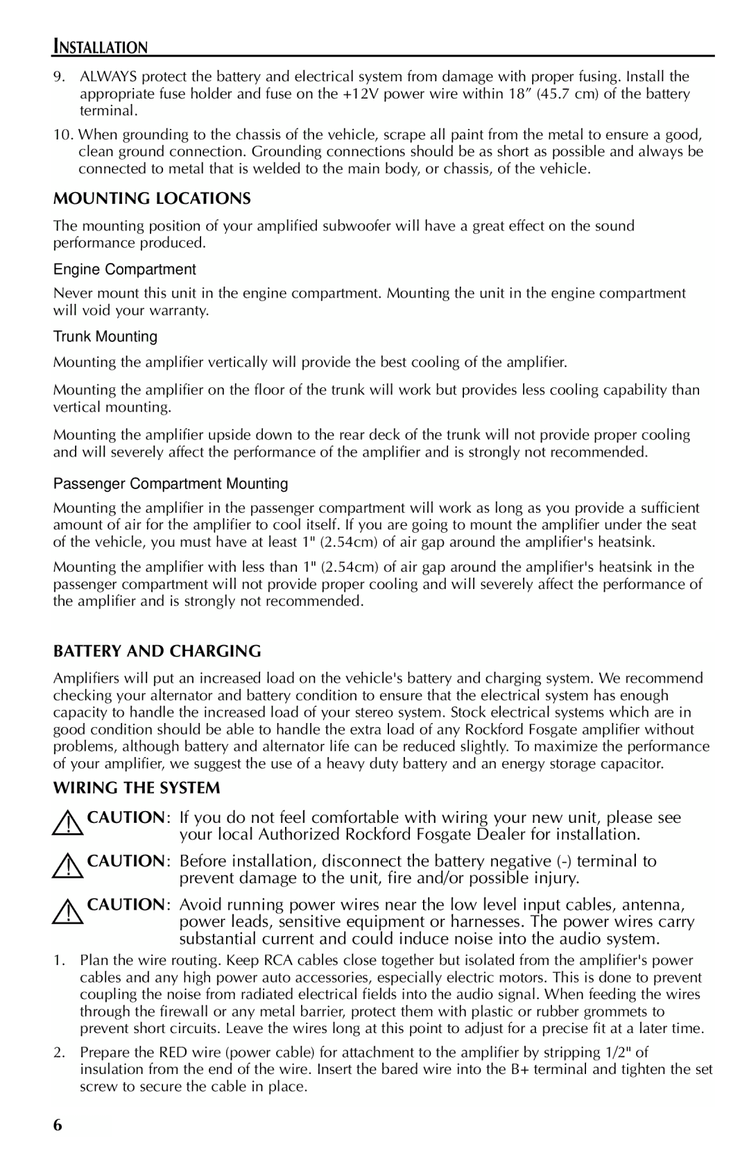 Rockford Fosgate 700S, 500S, 150S, 200S, 400S, 300S Installation, Mounting Locations, Battery and Charging, Wiring the System 