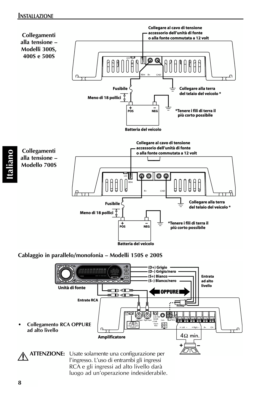 Rockford Fosgate 400S, 700S, 500S, 300S manual Cablaggio in parallelo/monofonia Modelli 150S e 200S 