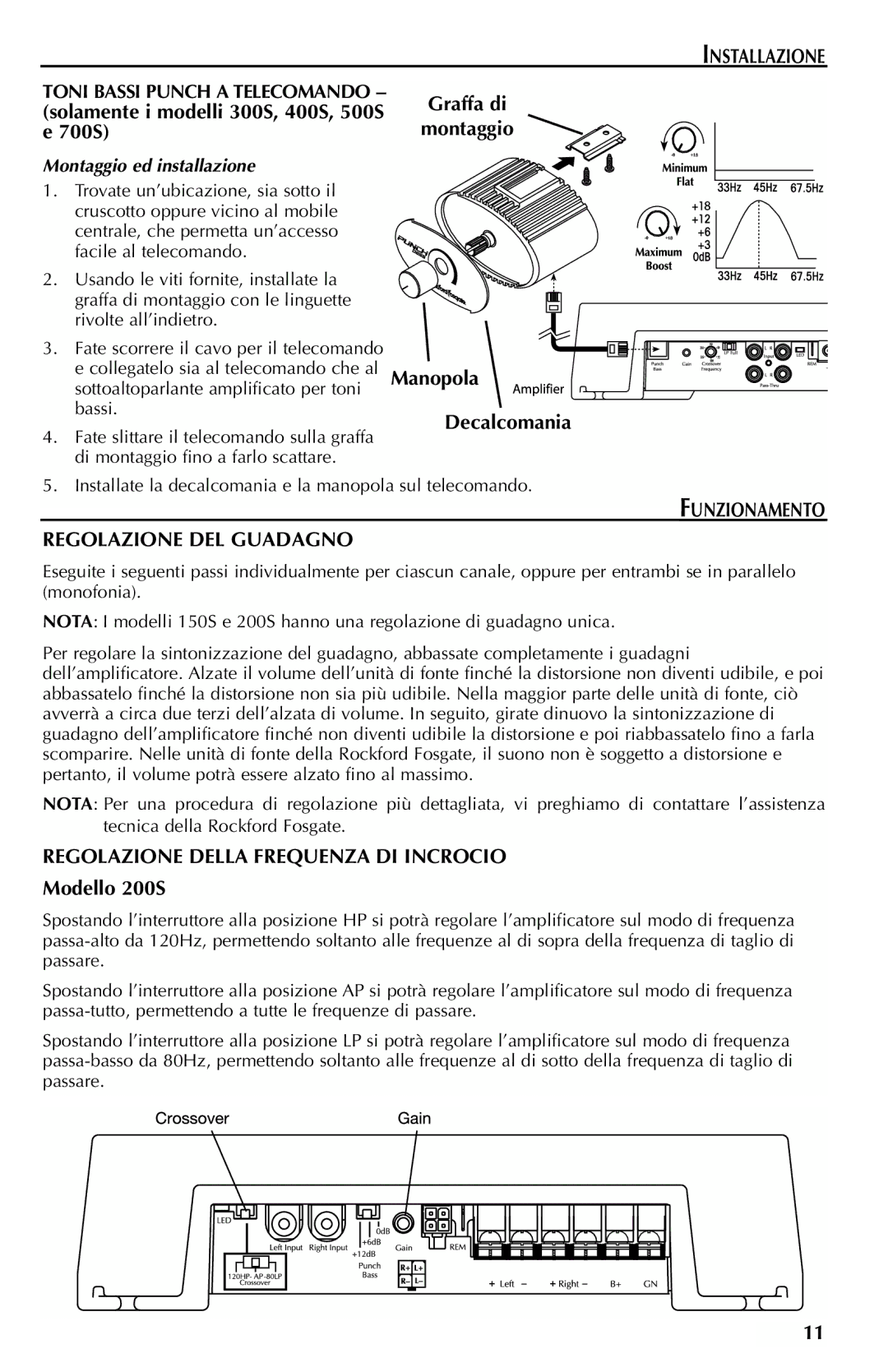 Rockford Fosgate 500S, 700S, 150S, 200S, 400S Funzionamento Regolazione DEL Guadagno, Regolazione Della Frequenza DI Incrocio 