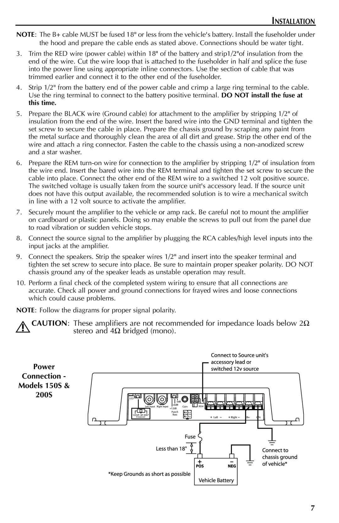 Rockford Fosgate 500S, 700S, 400S, 300S manual Power Connection Models 150S 200S 