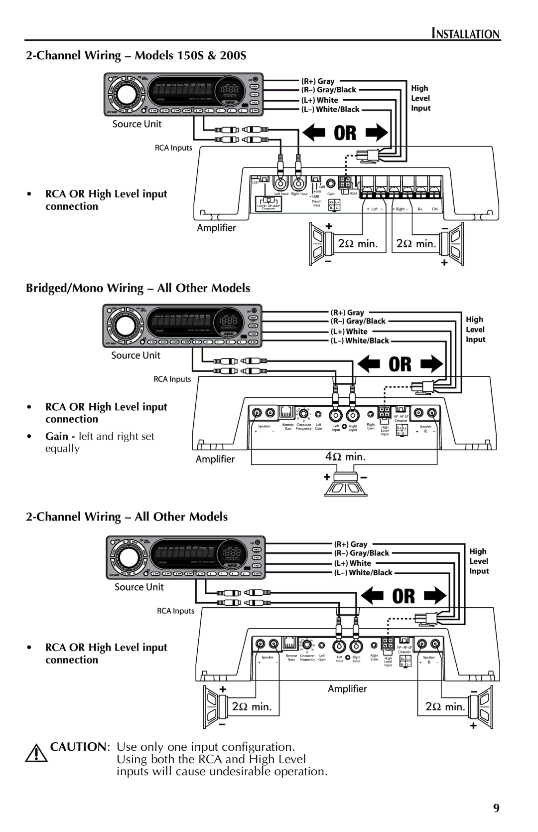 Rockford Fosgate 700S, 500S, 400S, 300S manual Channel Wiring Models 150S & 200S, Bridged/Mono Wiring All Other Models 