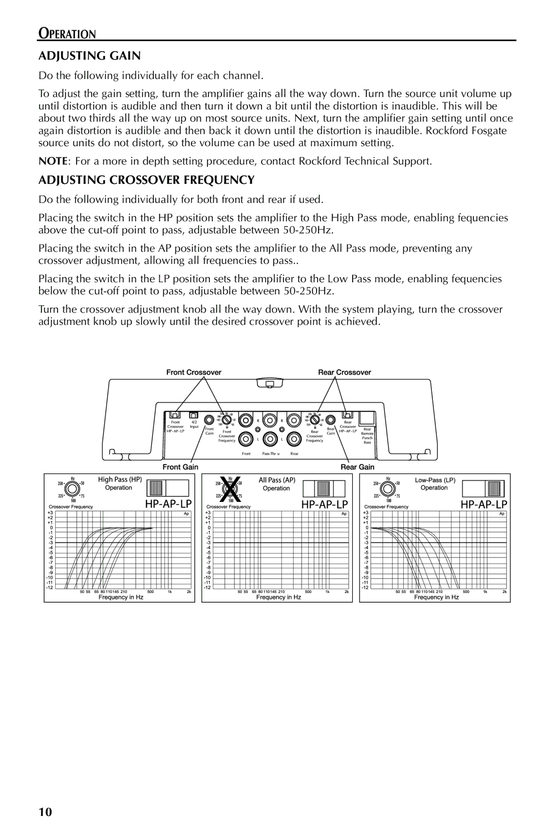 Rockford Fosgate 750X, 550X manual Operation Adjusting Gain, Adjusting Crossover Frequency 