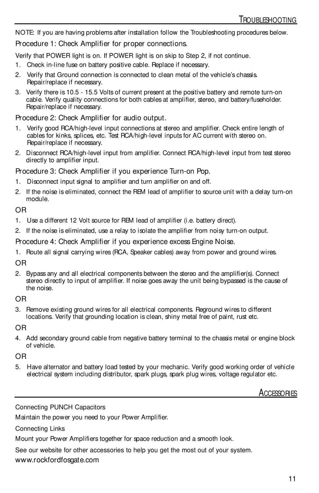 Rockford Fosgate 550X, 750X manual Troubleshooting, Procedure 1 Check Amplifier for proper connections, Accessories 