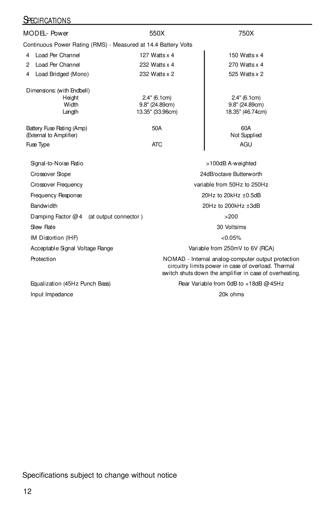 Rockford Fosgate 750X, 550X manual Specifications, MODEL- Power 