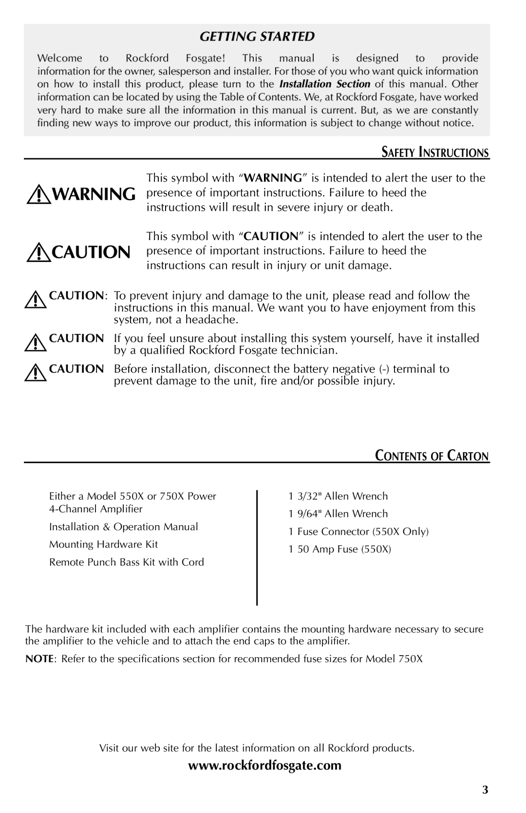 Rockford Fosgate 550X, 750X manual Safety Instructions, Contents of Carton 