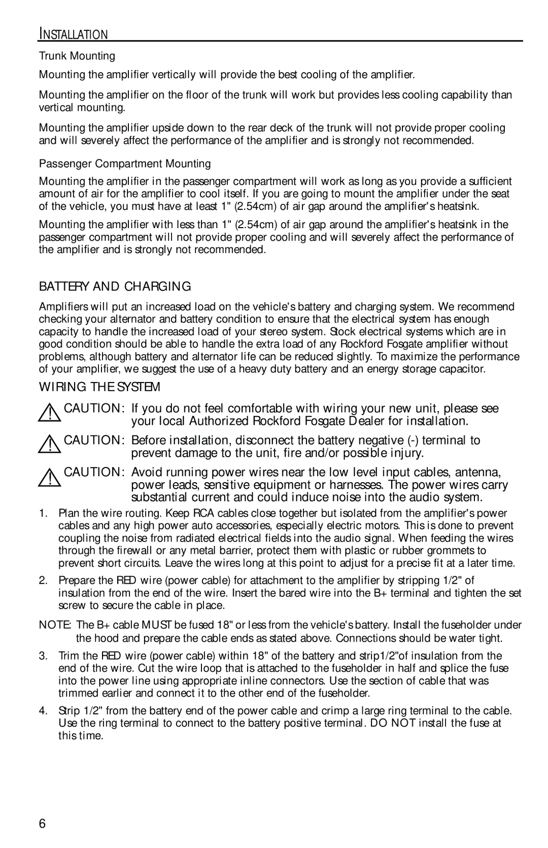 Rockford Fosgate 750X, 550X manual Installation, Battery and Charging, Wiring the System, Trunk Mounting 
