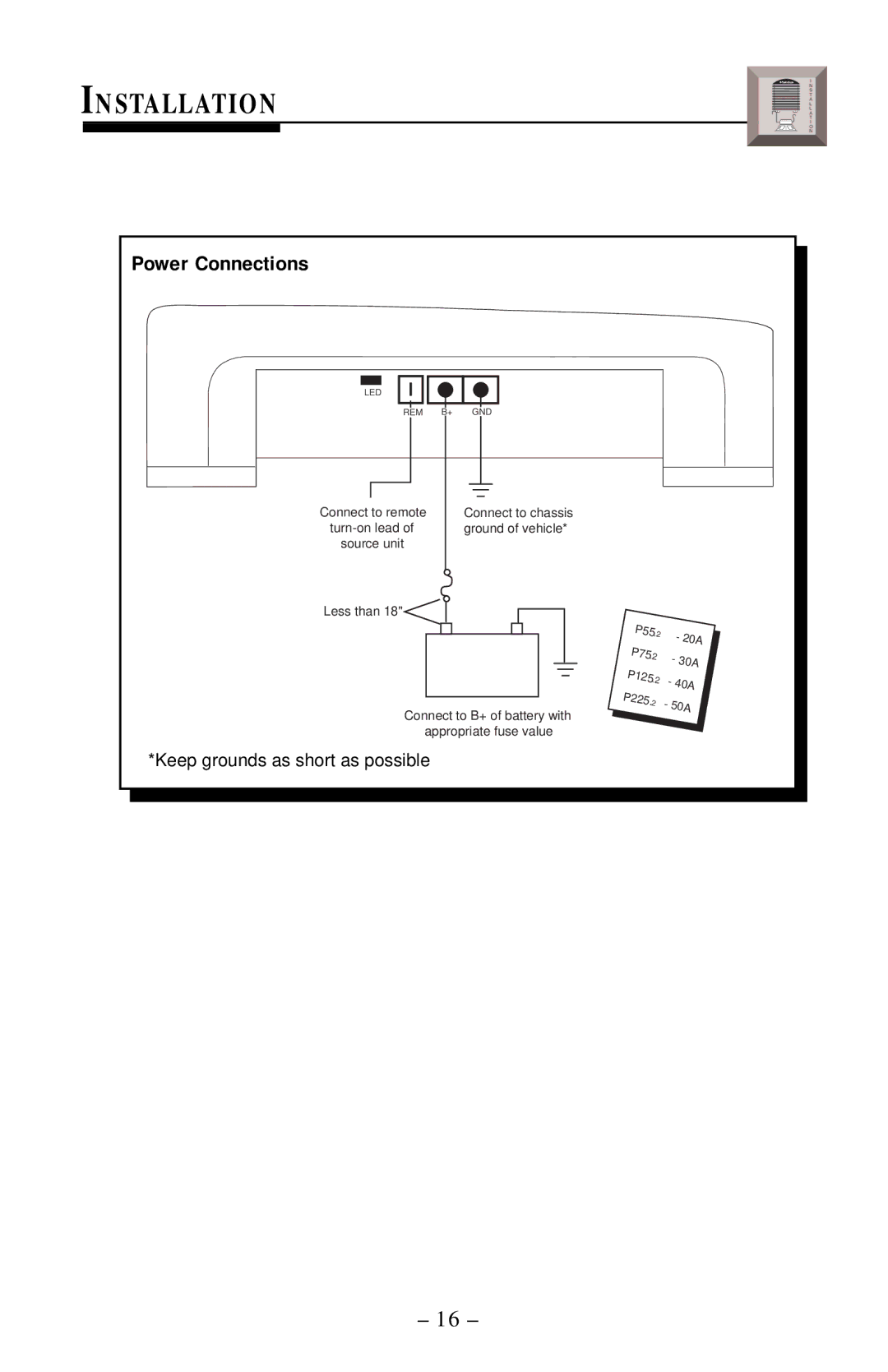 Rockford Fosgate 225.2, 75.2, 55.2, 125.2 manual Installation, Power Connections 