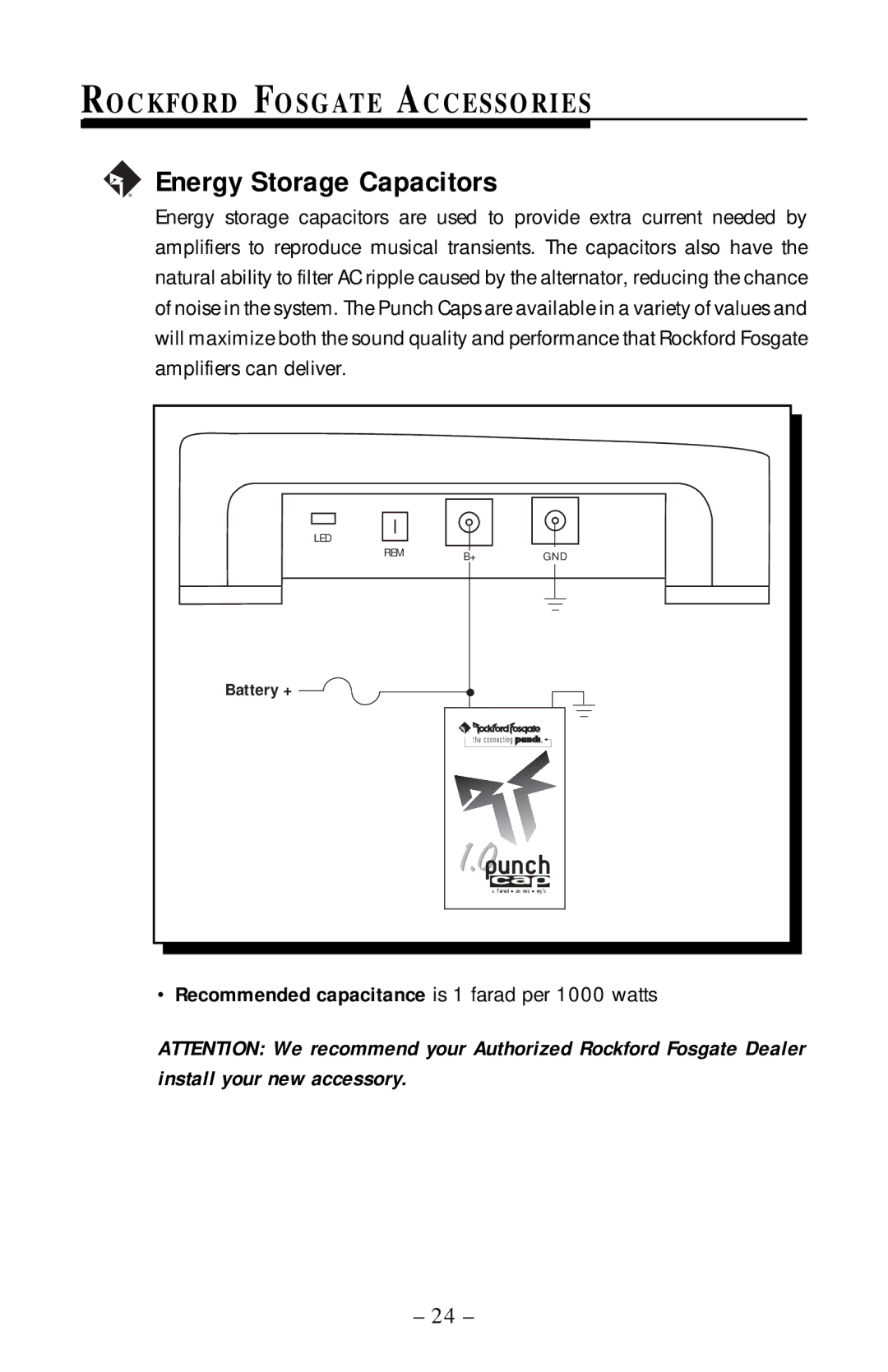 Rockford Fosgate 225.2, 75.2, 55.2, 125.2 manual Energy Storage Capacitors, Rockford Fosgate Accessories 