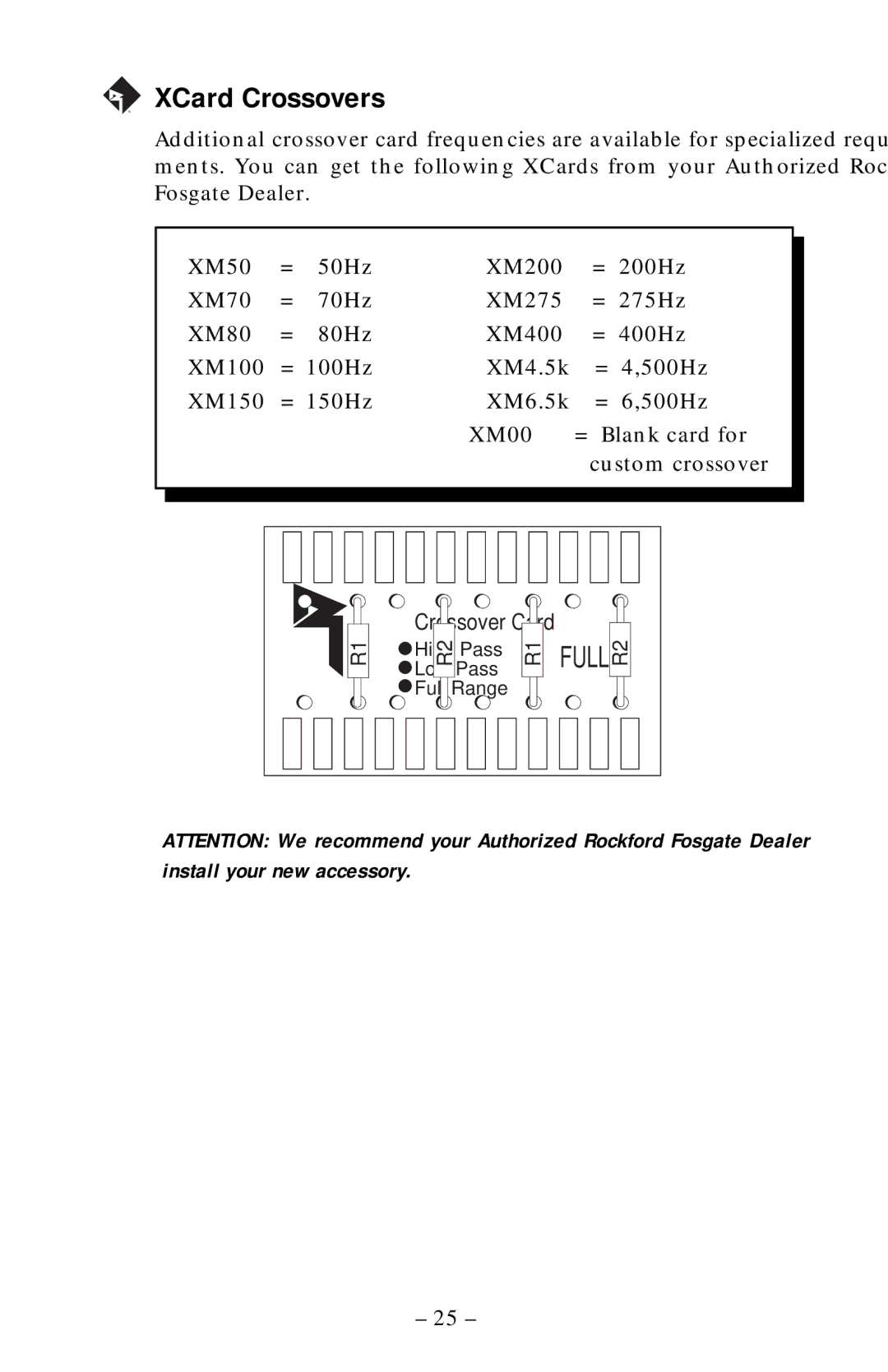 Rockford Fosgate 75.2, 55.2, 125.2, 225.2 manual XCard Crossovers 