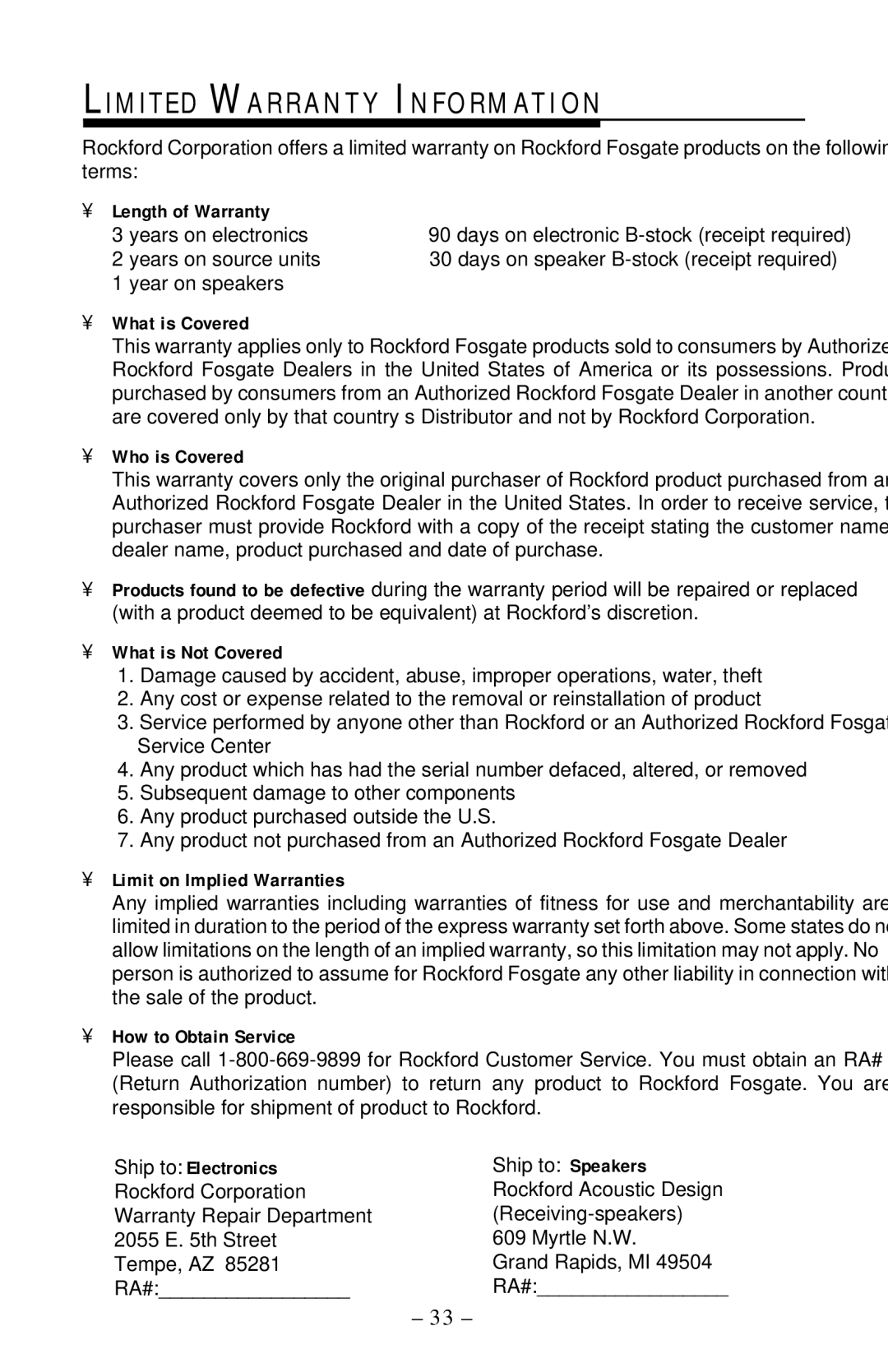 Rockford Fosgate 75.2, 55.2, 125.2, 225.2 manual Limited Warranty Information, Length of Warranty 