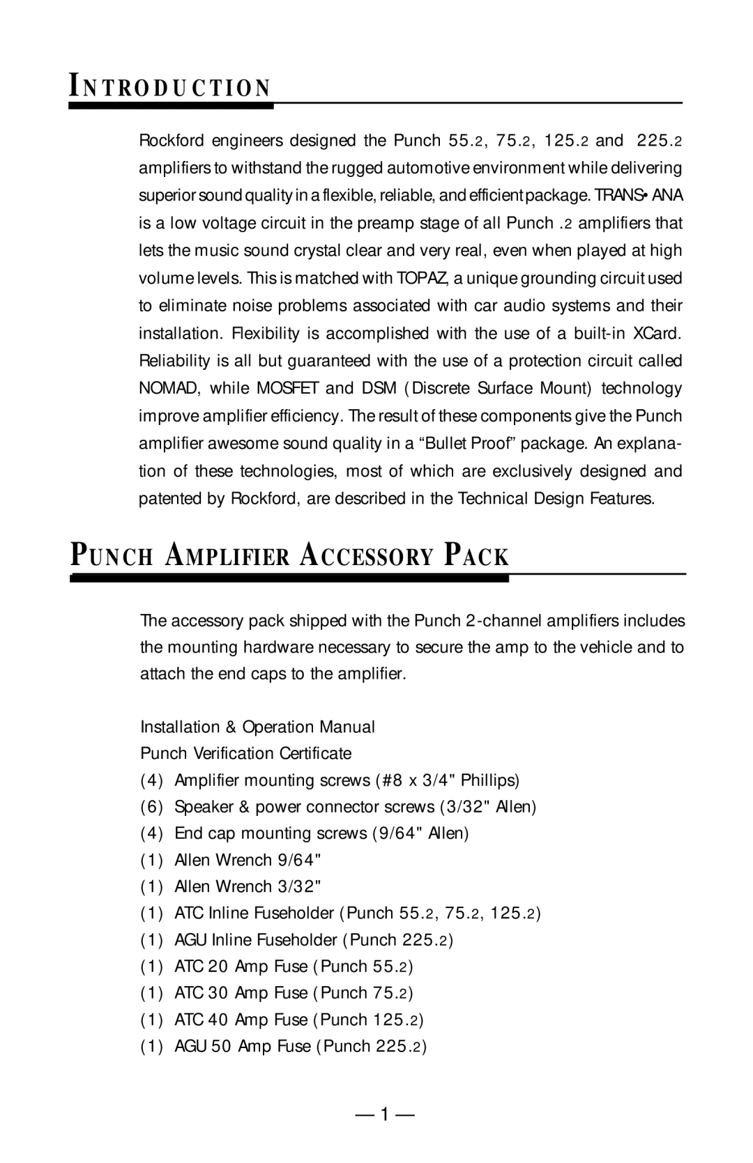 Rockford Fosgate 75.2, 55.2, 125.2, 225.2 manual T R O D U C T I O N, Punch Amplifier Accessory Pack 