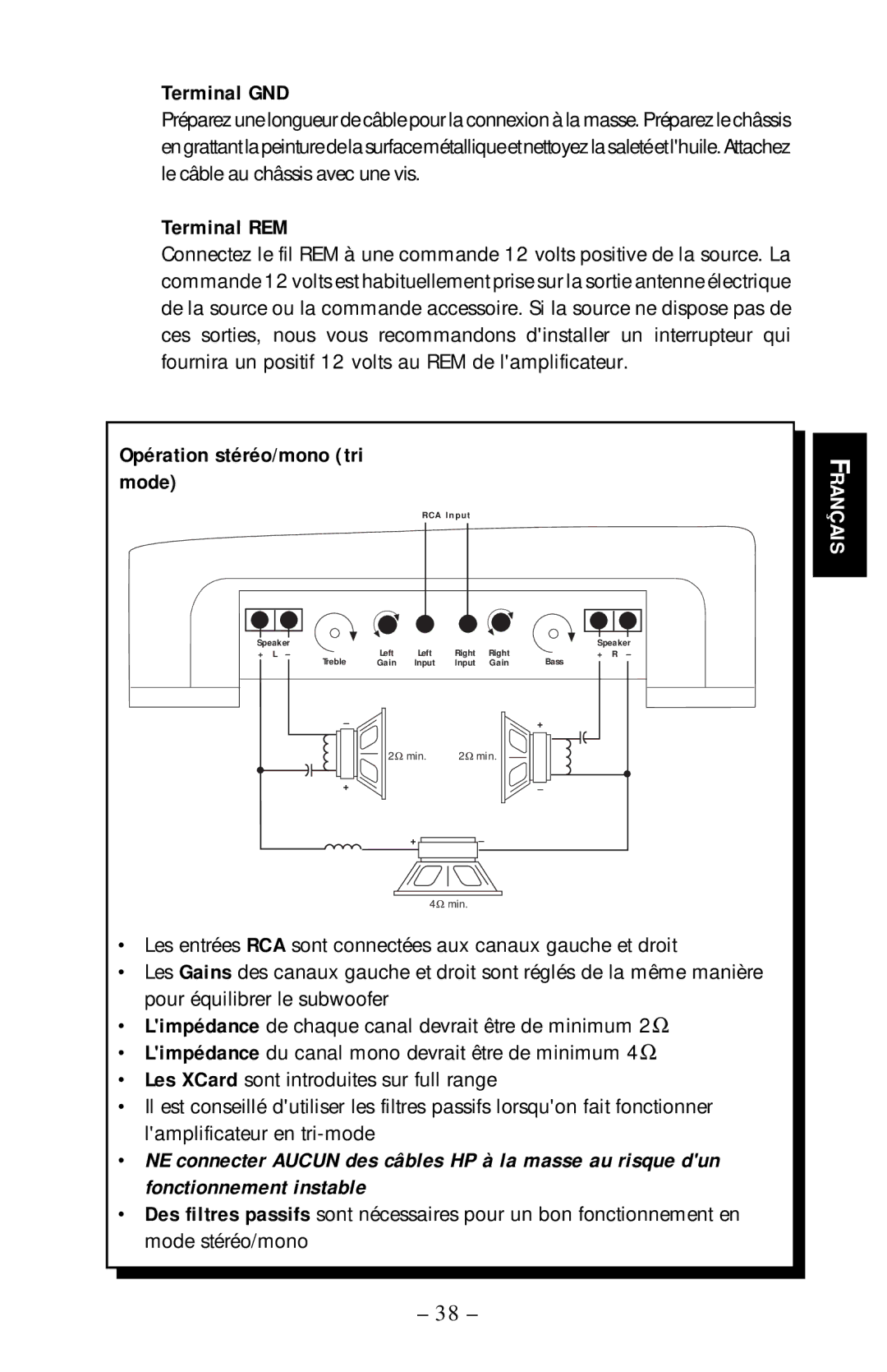 Rockford Fosgate 55.2, 75.2, 125.2, 225.2 manual Opération stéréo/mono tri mode, Français 