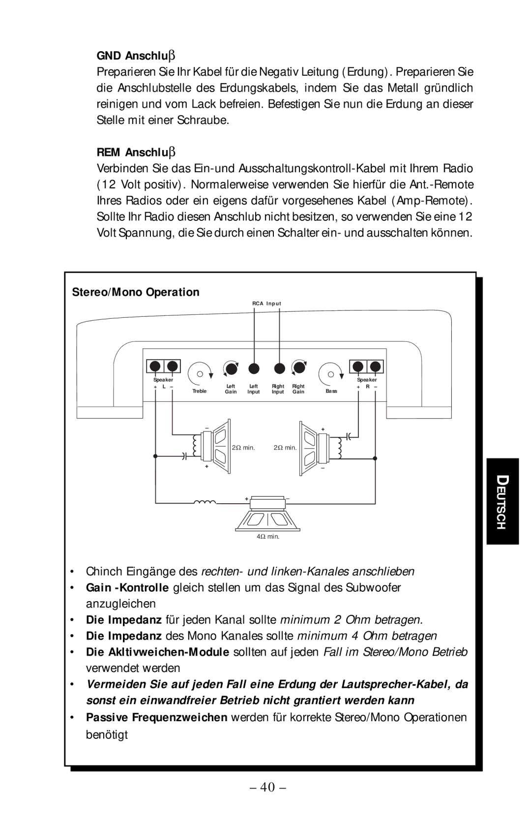 Rockford Fosgate 225.2, 75.2, 55.2, 125.2 manual GND Anschluβ, REM Anschluβ 