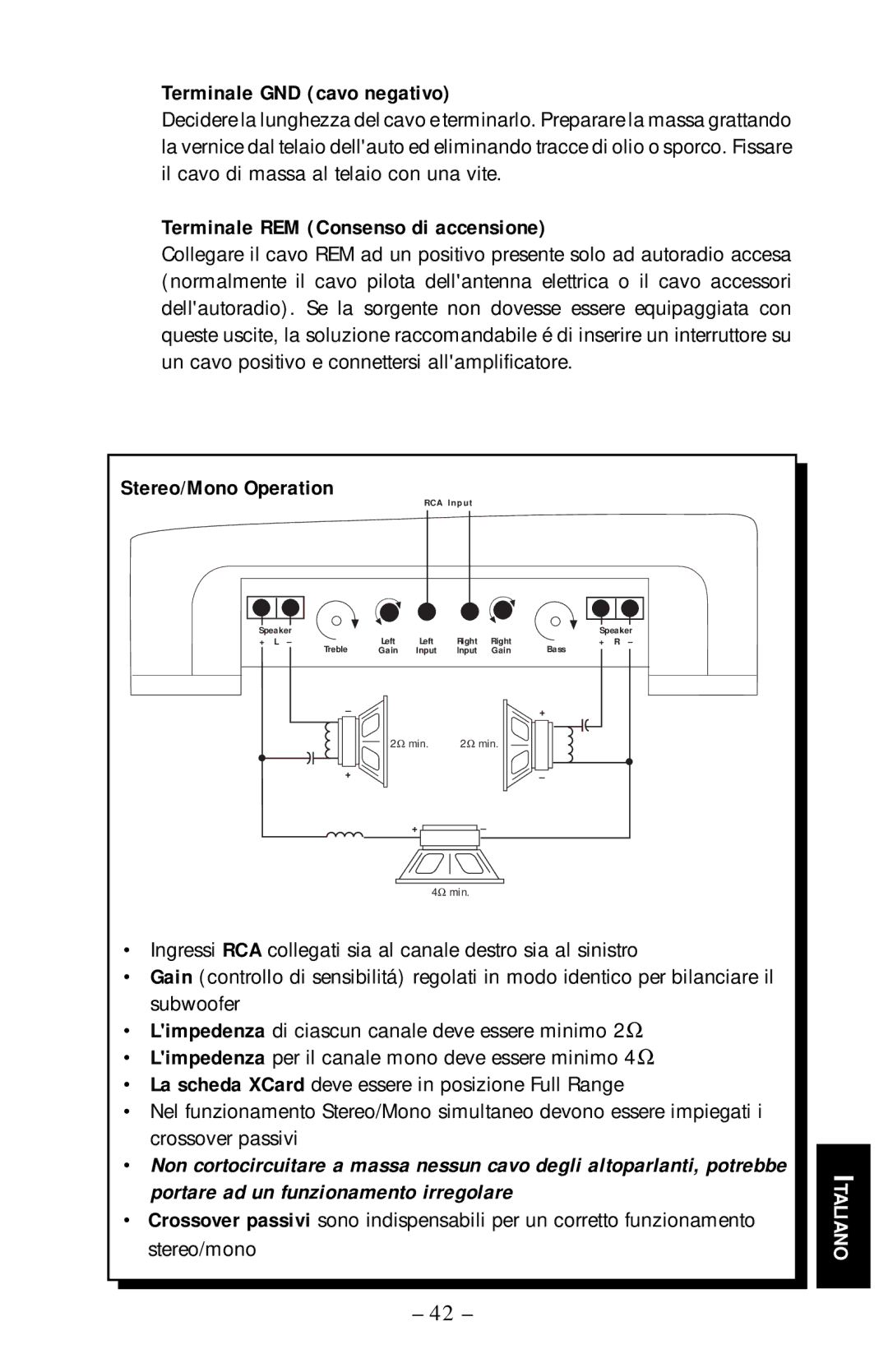 Rockford Fosgate 55.2, 75.2, 125.2, 225.2 manual Terminale GND cavo negativo, Terminale REM Consenso di accensione 