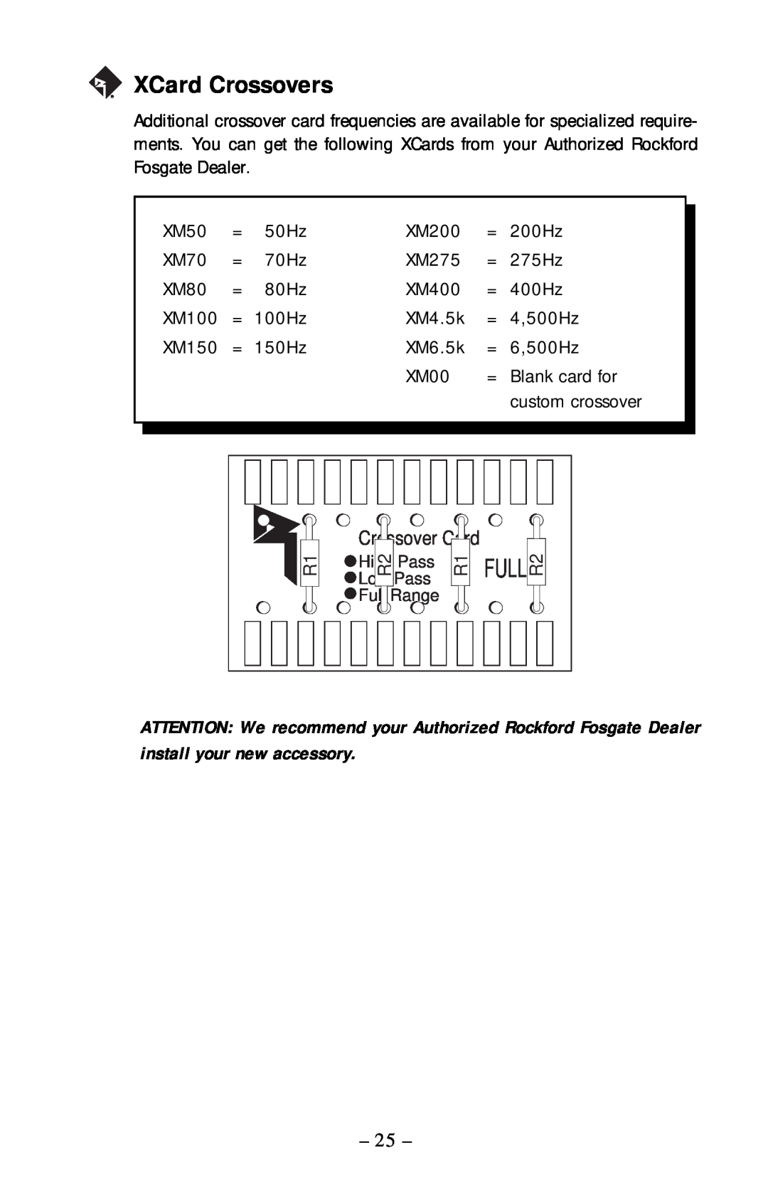Rockford Fosgate 75.2, 55.2, 125.2, 225.2 manual XCard Crossovers, Crossover Card, Full 