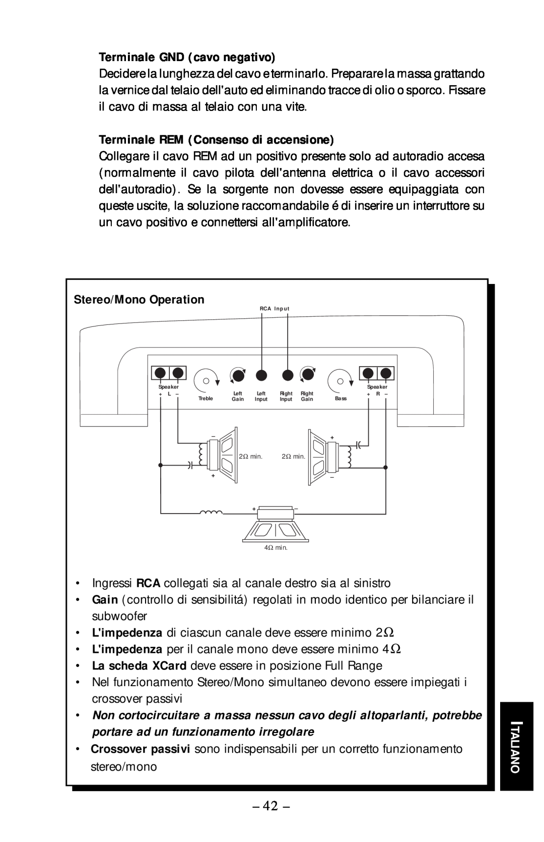 Rockford Fosgate 55.2 Terminale GND cavo negativo, Terminale REM Consenso di accensione, Italiano, Stereo/Mono Operation 