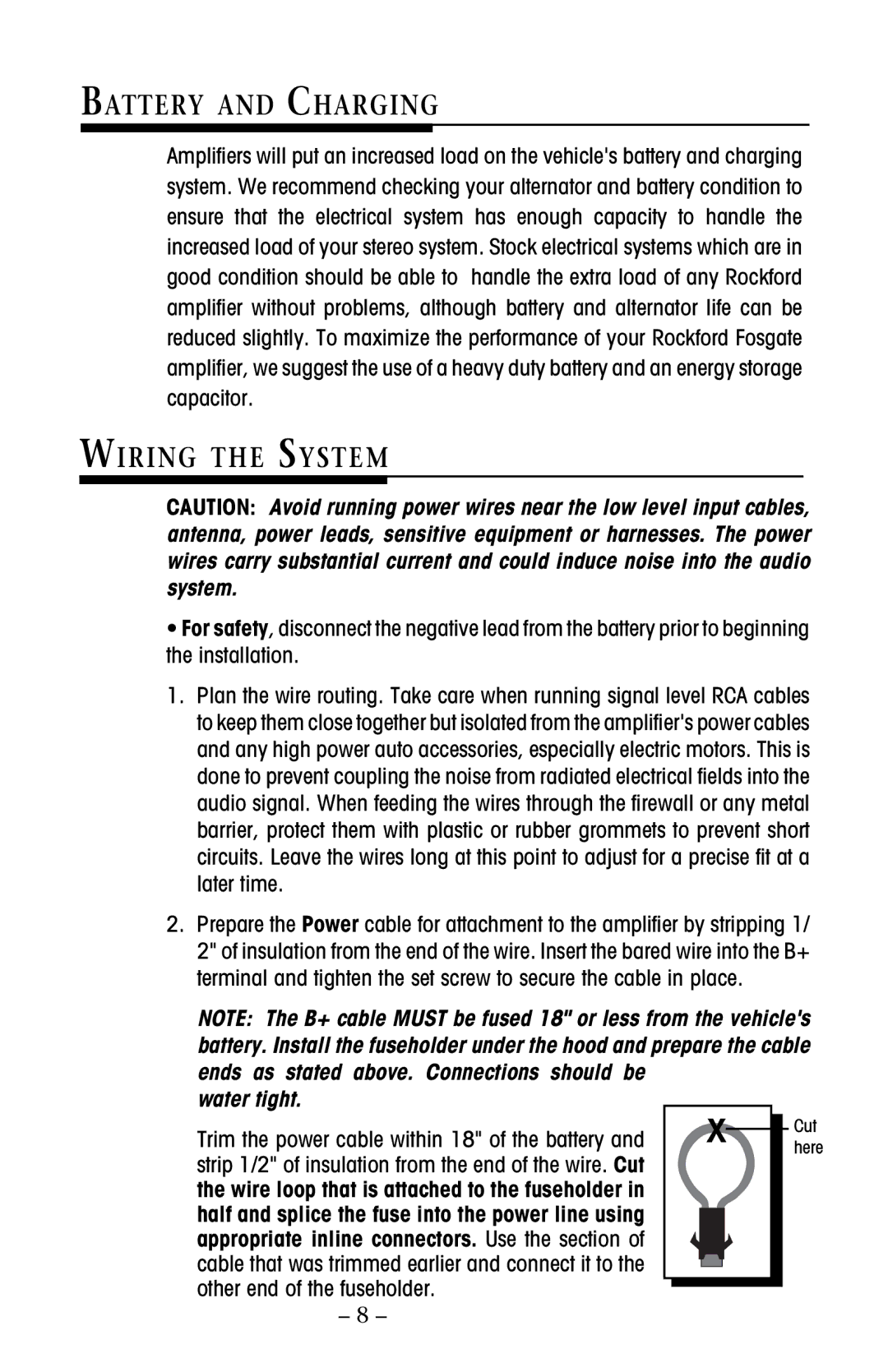 Rockford Fosgate 250, 800, 100, 500 Battery and Charging, Wiring the System, Appropriate inline connectors. Use the section 