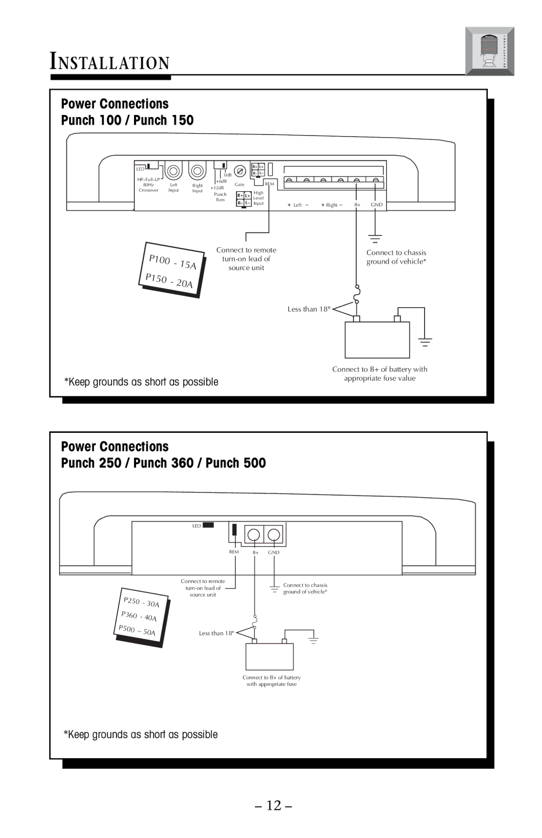 Rockford Fosgate 500, 800, 150 manual Installation, Power Connections Punch 100 / Punch, Punch 250 / Punch 360 / Punch 