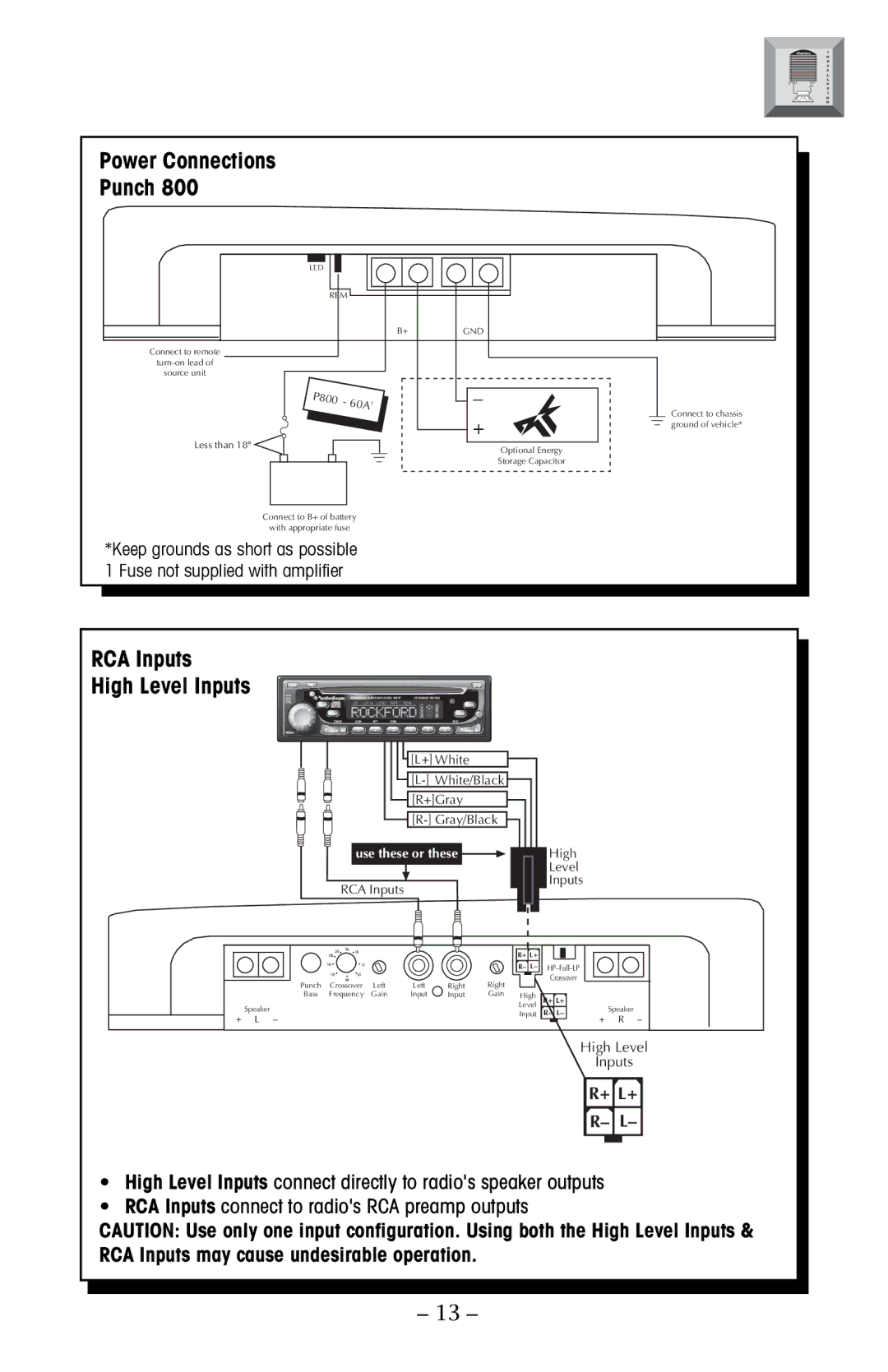 Rockford Fosgate 250, 800, 100, 500, 150 manual Power Connections Punch, RCA Inputs High Level Inputs 