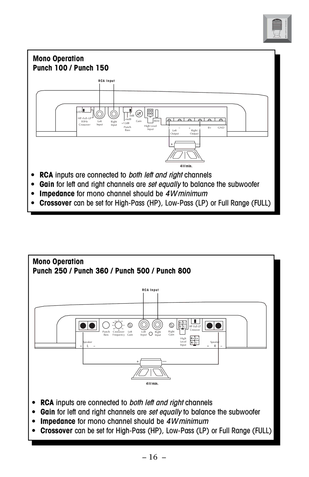 Rockford Fosgate 800, 150 Mono Operation Punch 100 / Punch, Mono Operation Punch 250 / Punch 360 / Punch 500 / Punch 