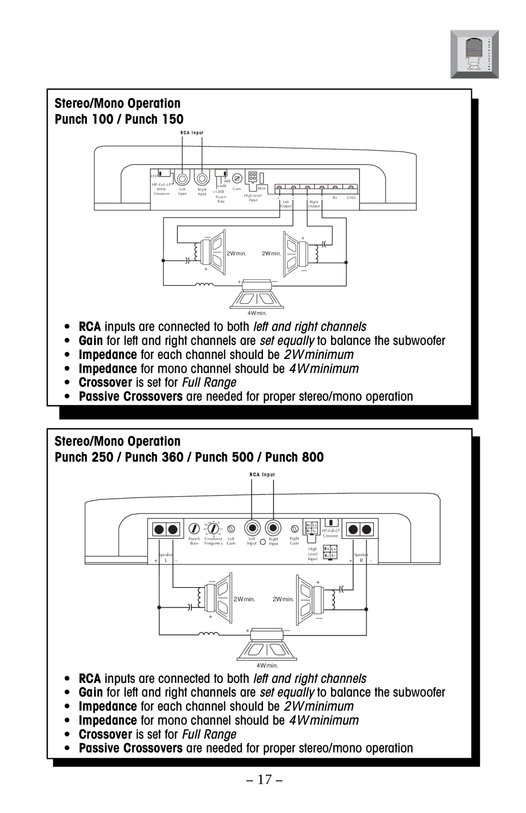 Rockford Fosgate 500, 800, 250, 150 manual Stereo/Mono Operation Punch 100 / Punch, RCA Input 