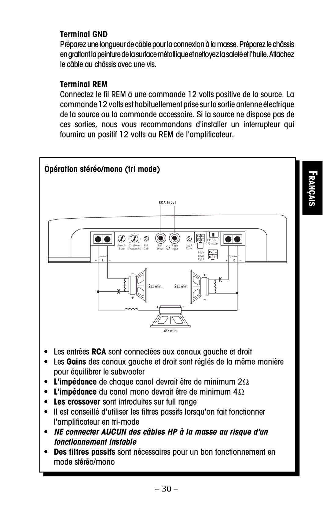 Rockford Fosgate 800, 100, 500, 250, 150 manual Opération stéréo/mono tri mode, Français 