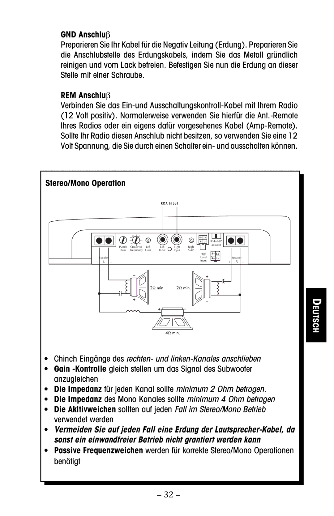 Rockford Fosgate 500, 800, 100, 250, 150 manual GND Anschluβ, REM Anschluβ, Stereo/Mono Operation 