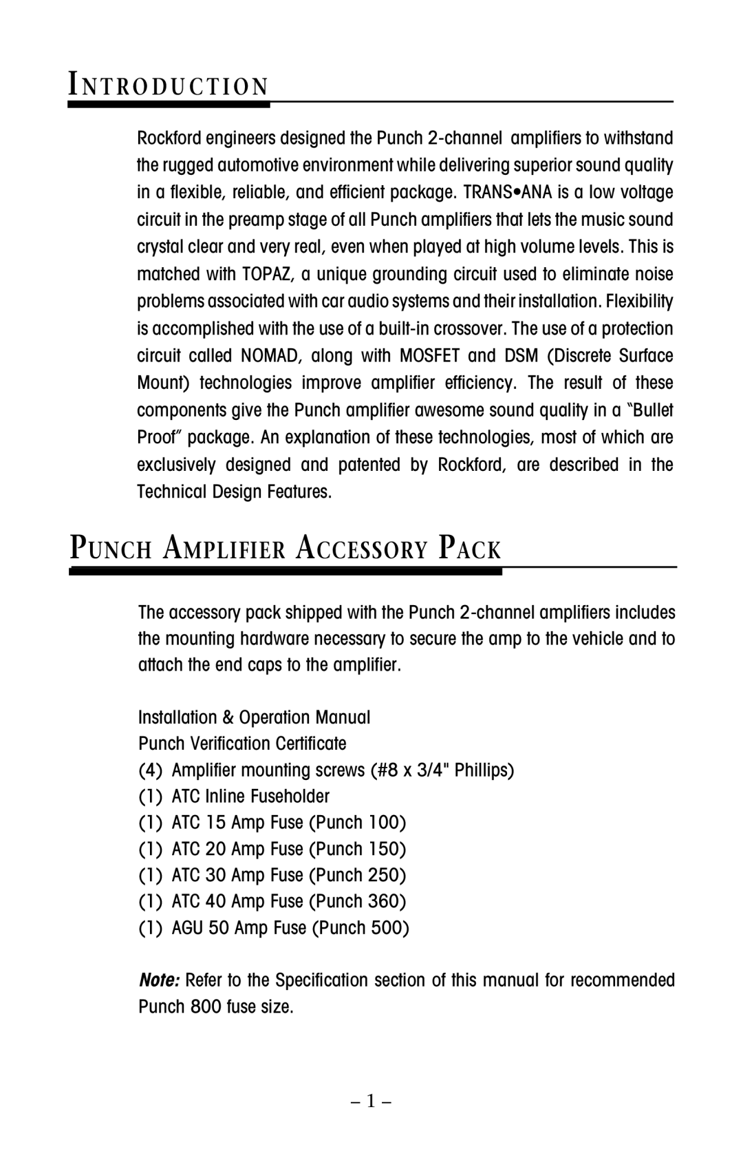 Rockford Fosgate 100, 800, 500, 250, 150 manual T R O D U C T I O N, Punch Amplifier Accessory Pack 