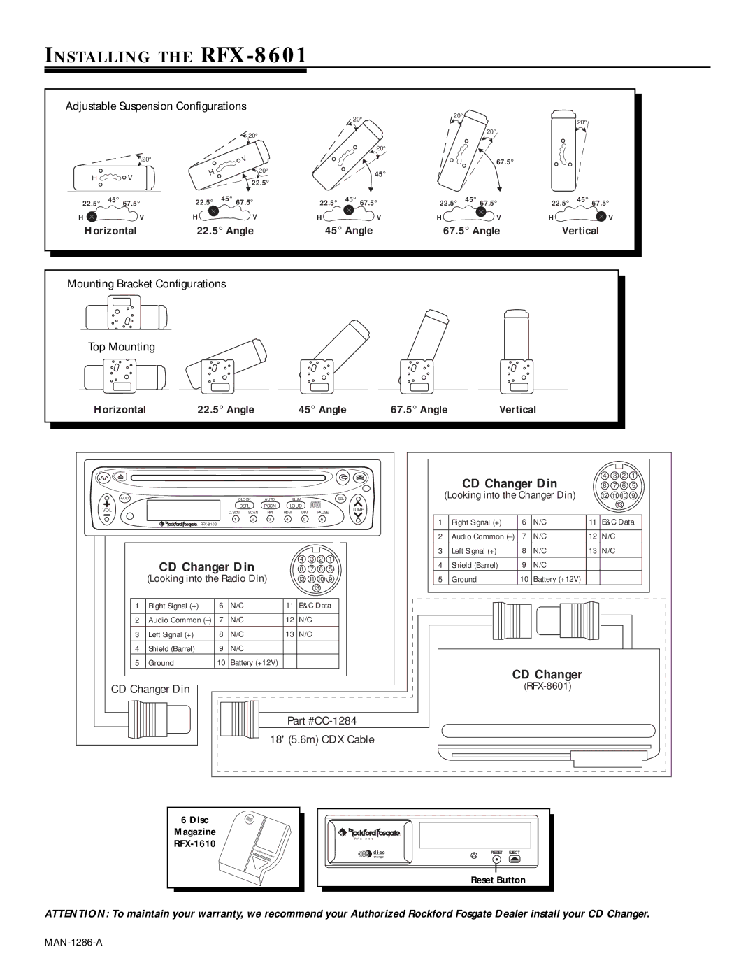 Rockford Fosgate B050-000 warranty Installing the RFX-8601, CD Changer Din 