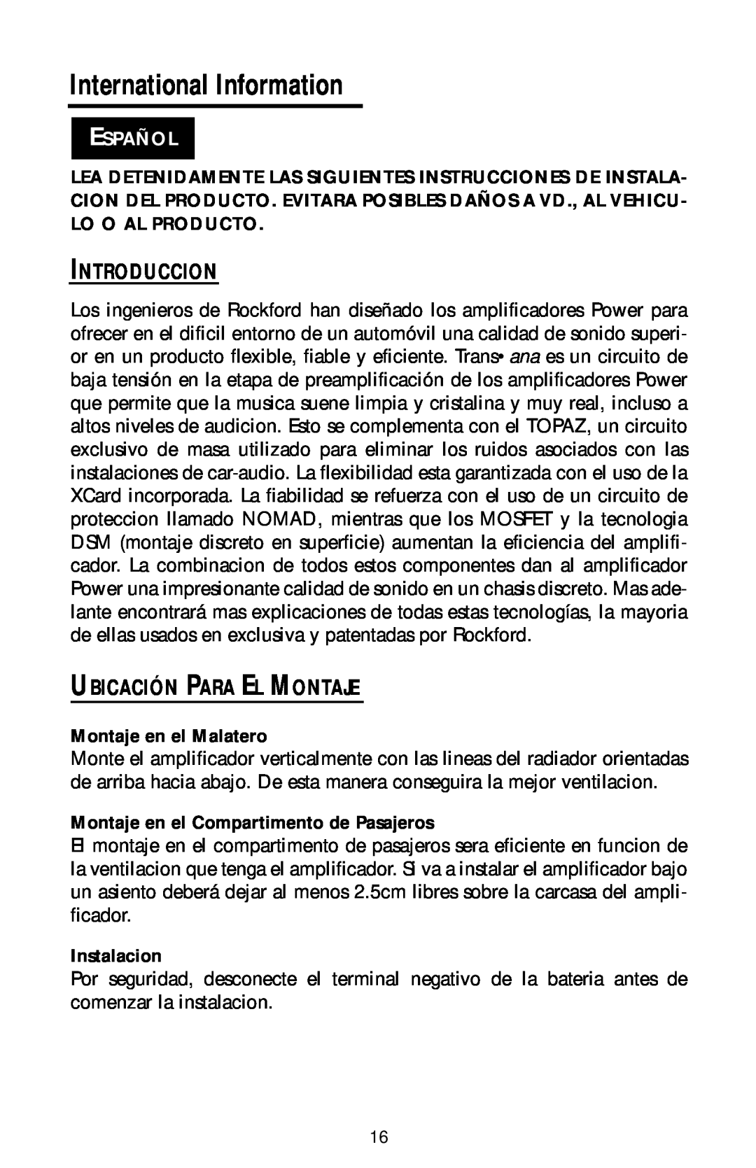 Rockford Fosgate bd1000.1 manual International Information, Introduccion, Ubicación Para El Montaje, Español, Instalacion 