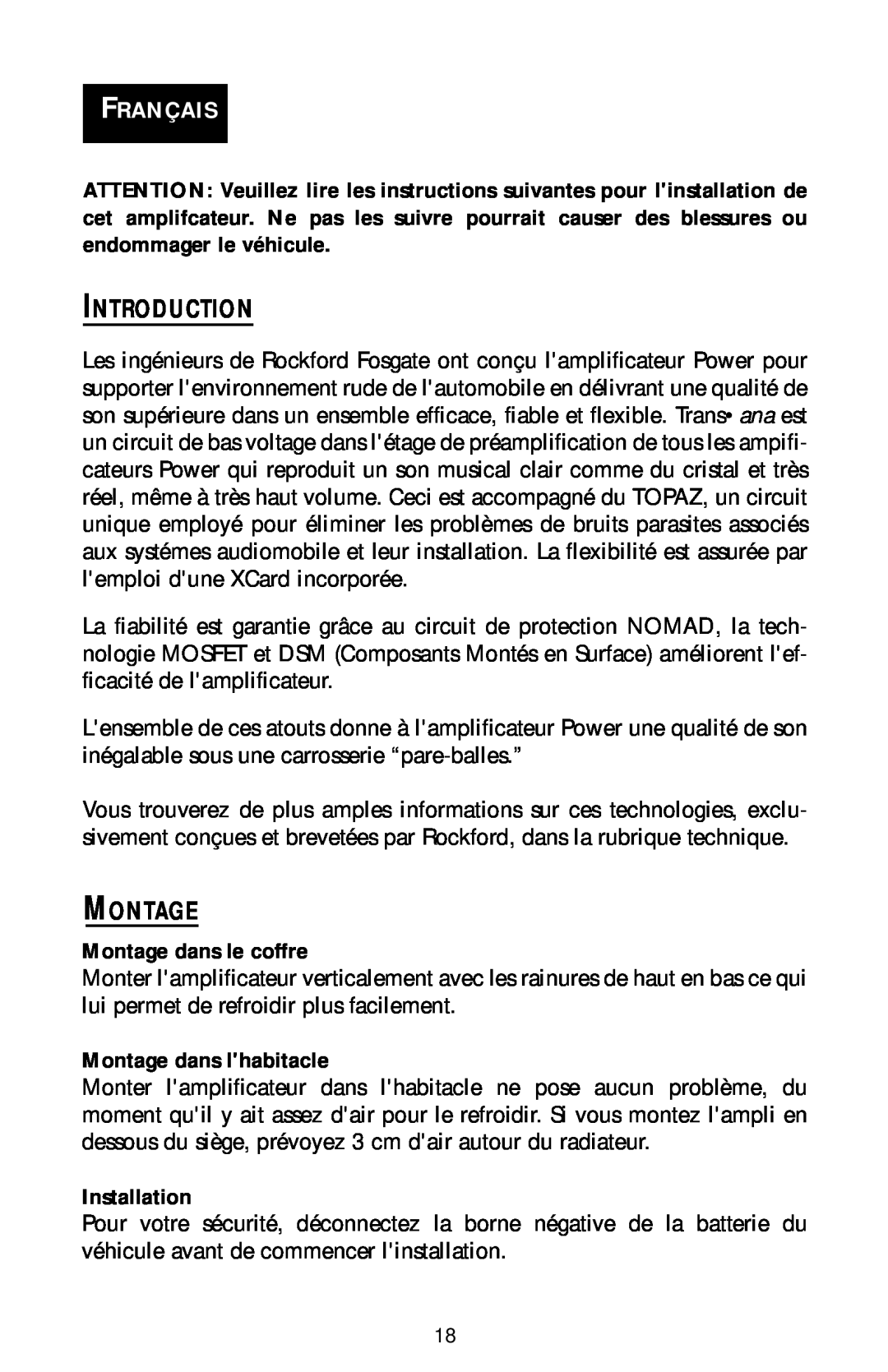 Rockford Fosgate bd1500.1 manual Introduction, Français, Montage dans le coffre, Montage dans lhabitacle, Installation 