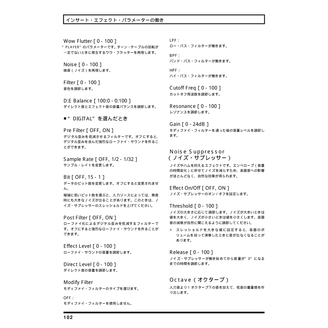 Rockford Fosgate BR-8 owner manual Noise Suppressor, （ノイズ・サプレッサー）, Octave（オクターブ） 