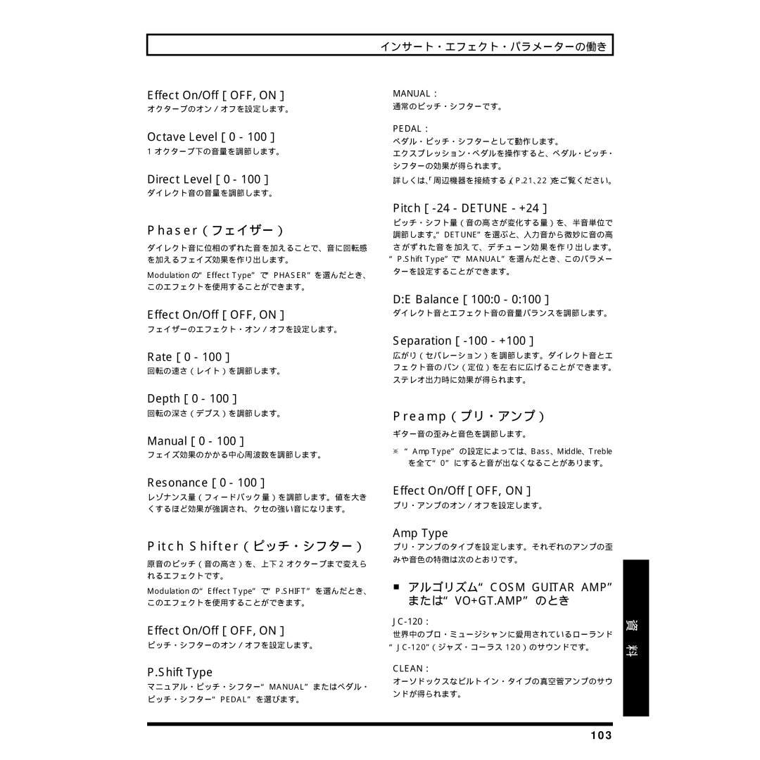 Rockford Fosgate BR-8 owner manual Phaser（フェイザー）, Preamp（プリ・アンプ）, Pitch Shifter（ピッチ・シフター） 