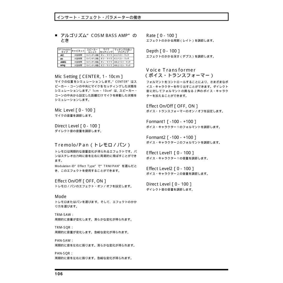 Rockford Fosgate BR-8 owner manual Tremolo/Pan（トレモロ／パン）, Voice Transformer, （ボイス・トランスフォーマー） 