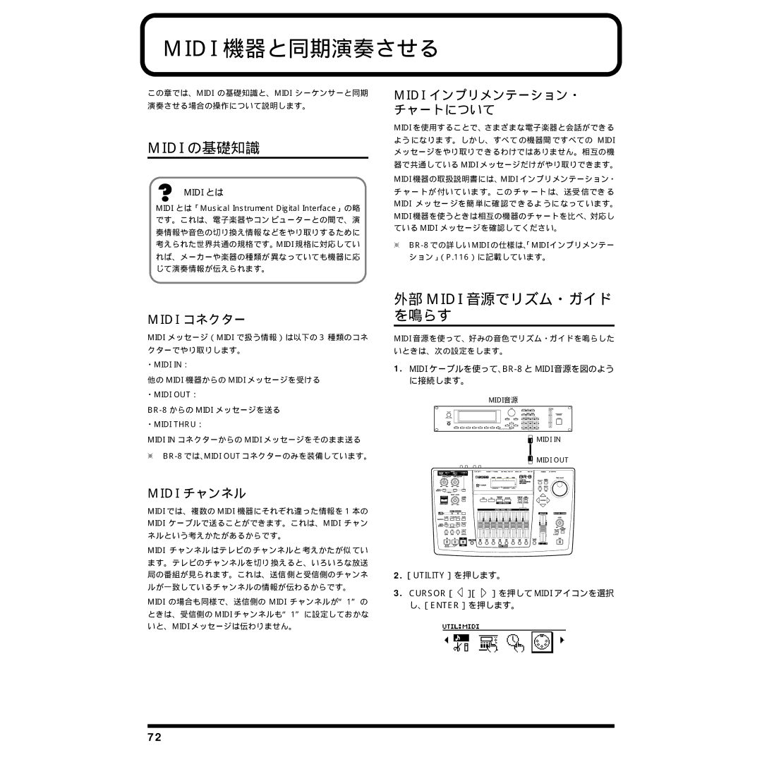 Rockford Fosgate BR-8 Midi 機器と同期演奏させる, 外部 Midi 音源でリズム・ガイド を鳴らす, Midi インプリメンテーション・ チャートについて, Midi コネクター, Midi チャンネル 