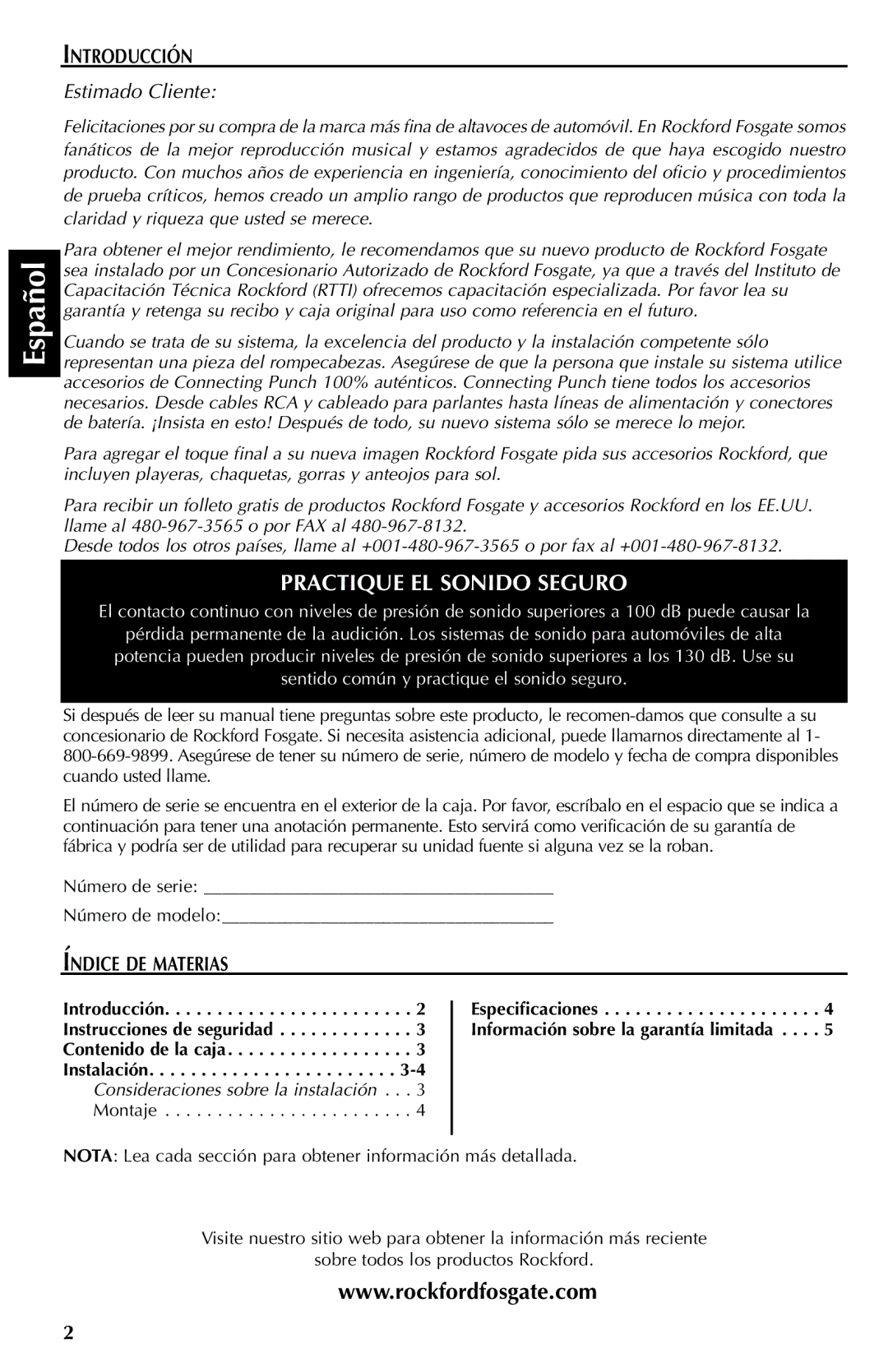 Rockford Fosgate FFC65, FFC69 manual Español, Practique EL Sonido Seguro, Introducción, Estimado Cliente, Índice DE Materias 