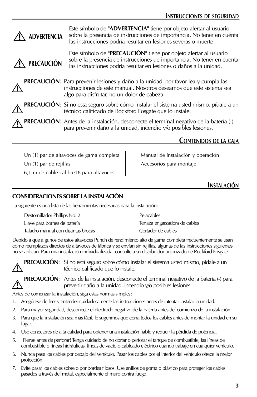 Rockford Fosgate FFC69 Instrucciones DE Seguridad, Contenidos DE LA Caja, Instalación Consideraciones Sobre LA Instalación 