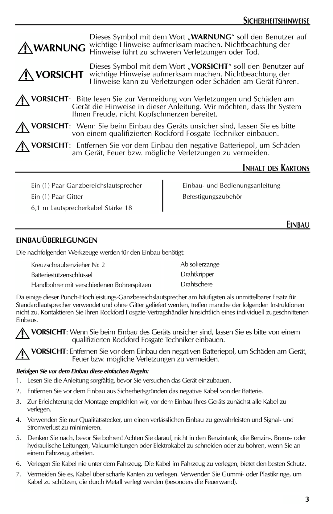 Rockford Fosgate FFC69, FFC65 manual Sicherheitshinweise, Inhalt DES Kartons, Einbau Einbauüberlegungen 