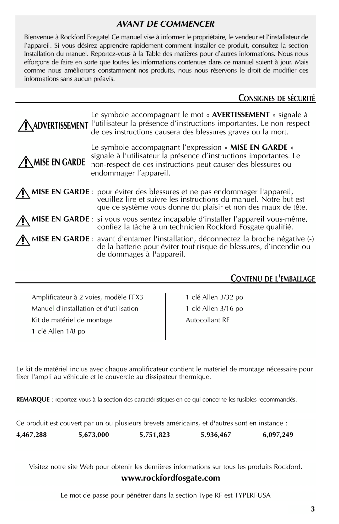 Rockford Fosgate FFX3 manual Consignes DE Sécurité, Contenu DE Lemballage 