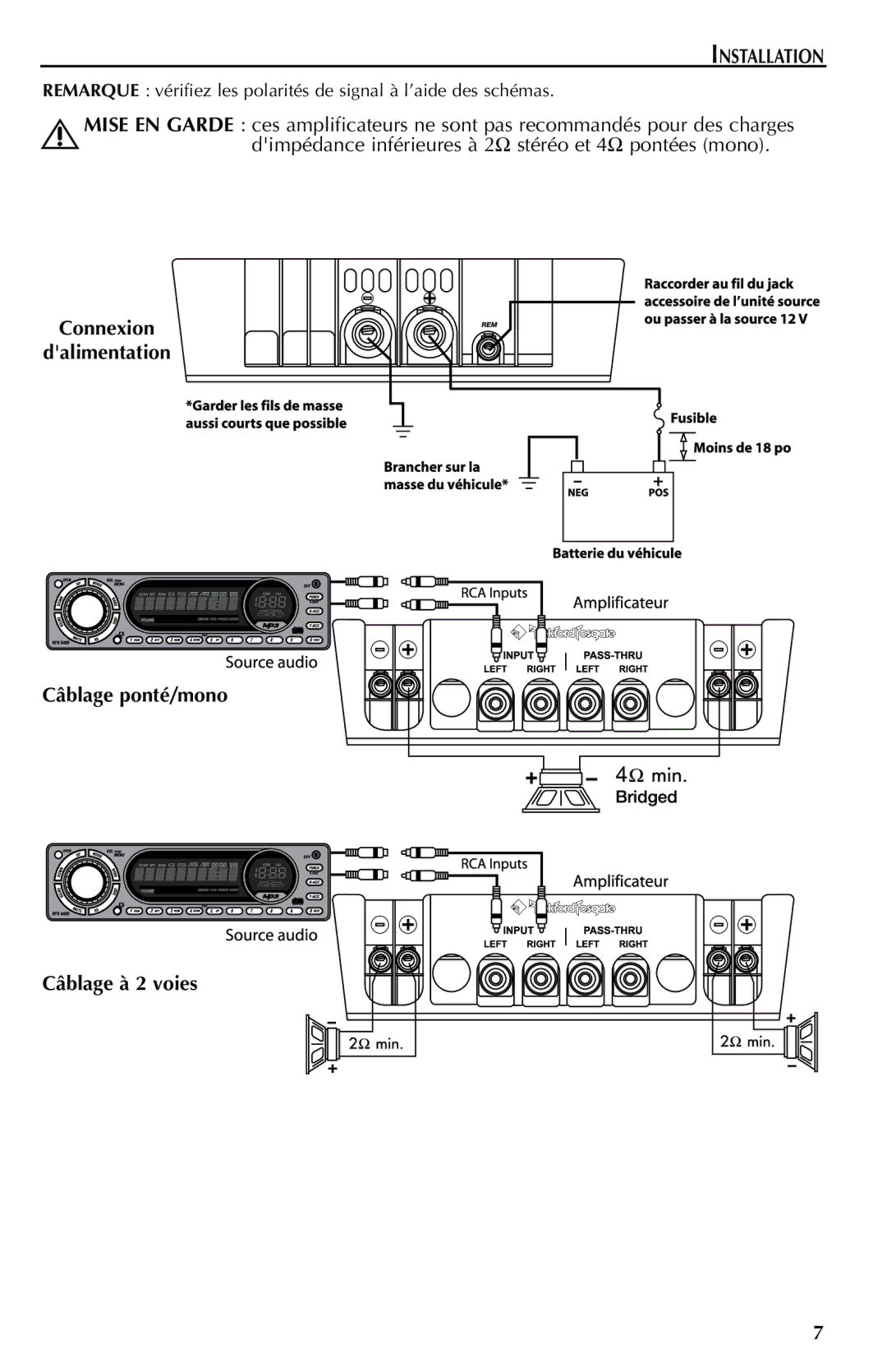 Rockford Fosgate FFX3 manual Connexion Dalimentation Câblage ponté/mono Câblage à 2 voies 