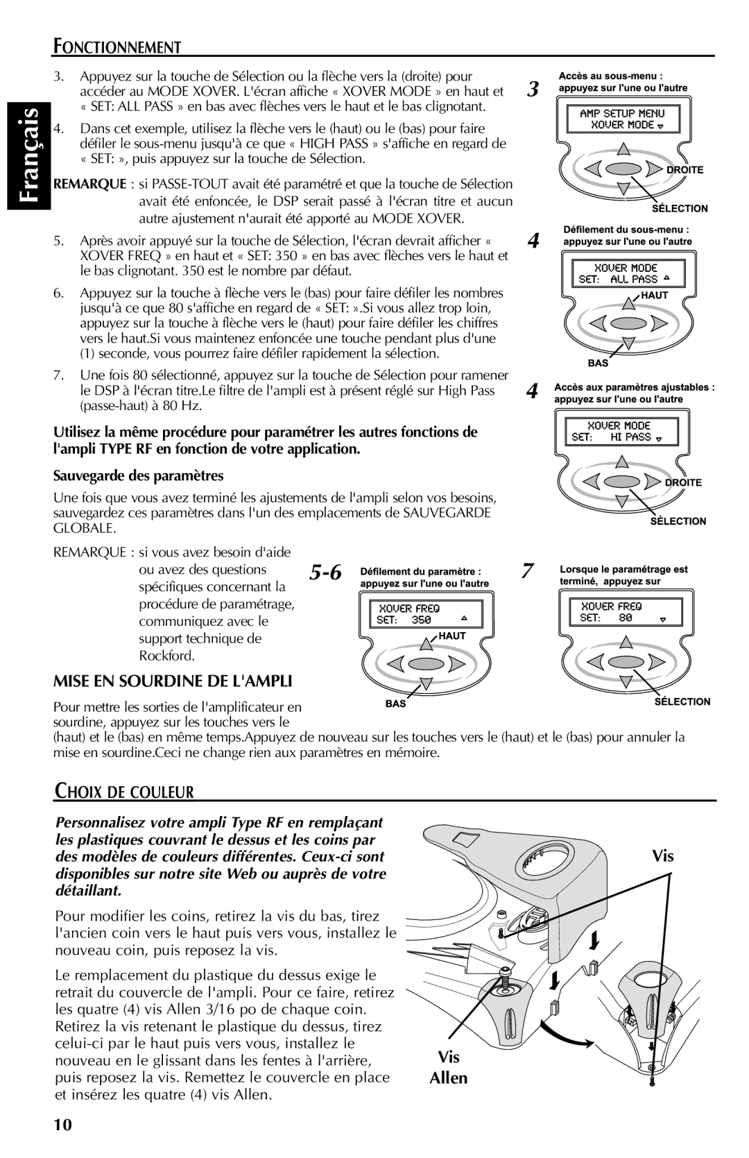 Rockford Fosgate FFX3 manual Mise EN Sourdine DE Lampli, Choix DE Couleur, Vis Allen, Sauvegarde des paramètres 