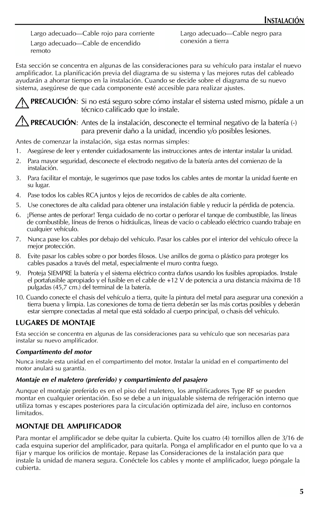 Rockford Fosgate FFX3 manual Lugares DE Montaje, Montaje DEL Amplificador, Compartimento del motor 